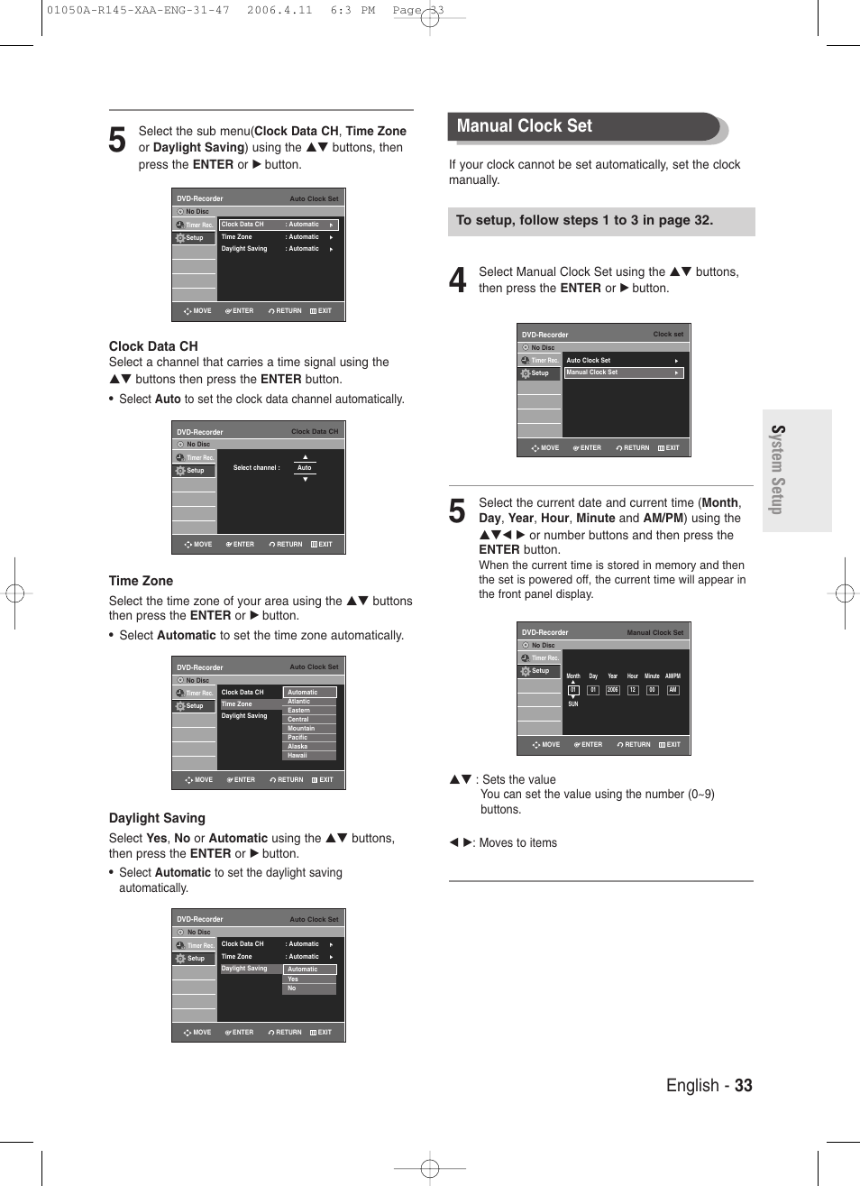 English - 33 s ystem setup, Manual clock set, Clock data ch | Time zone, Daylight saving | Samsung DVD-R145 User Manual | Page 33 / 111