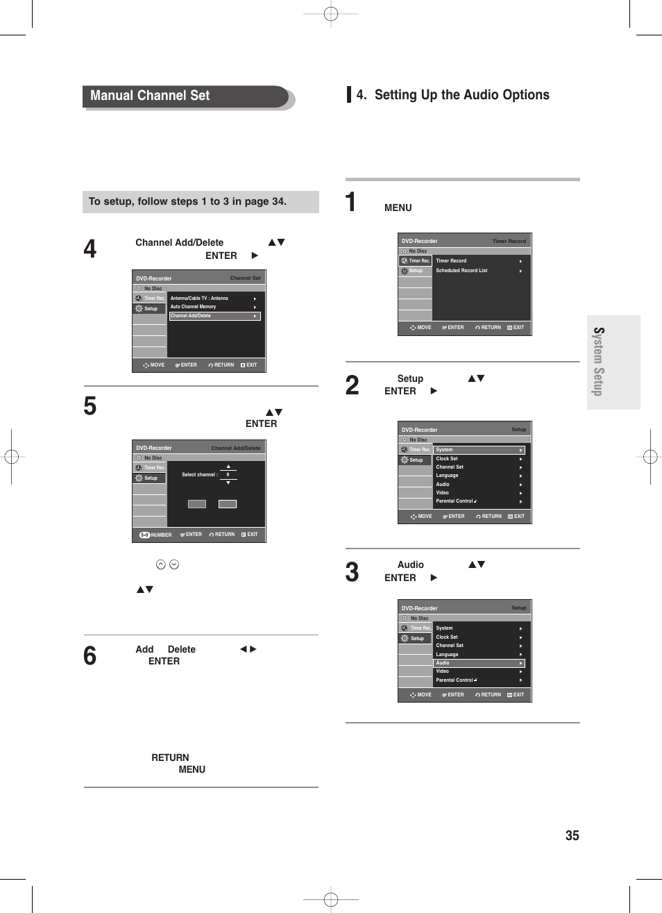 Setting up the audio options, English - 35 s ystem setup manual channel set | Samsung DVD-R145 User Manual | Page 35 / 111