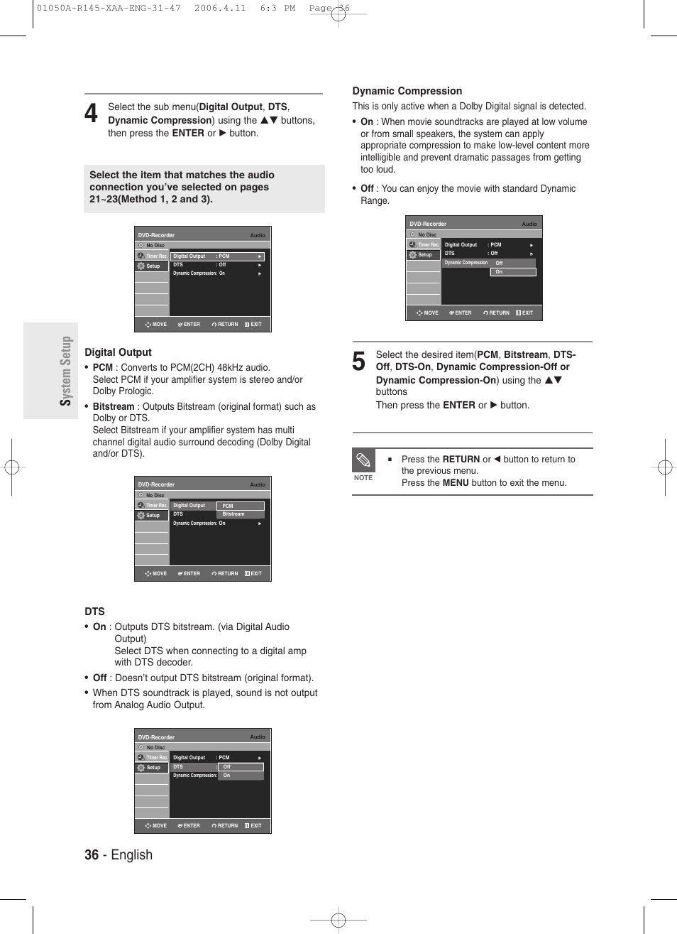 36 - english s ystem setup, Digital output, Dynamic compression | Samsung DVD-R145 User Manual | Page 36 / 111