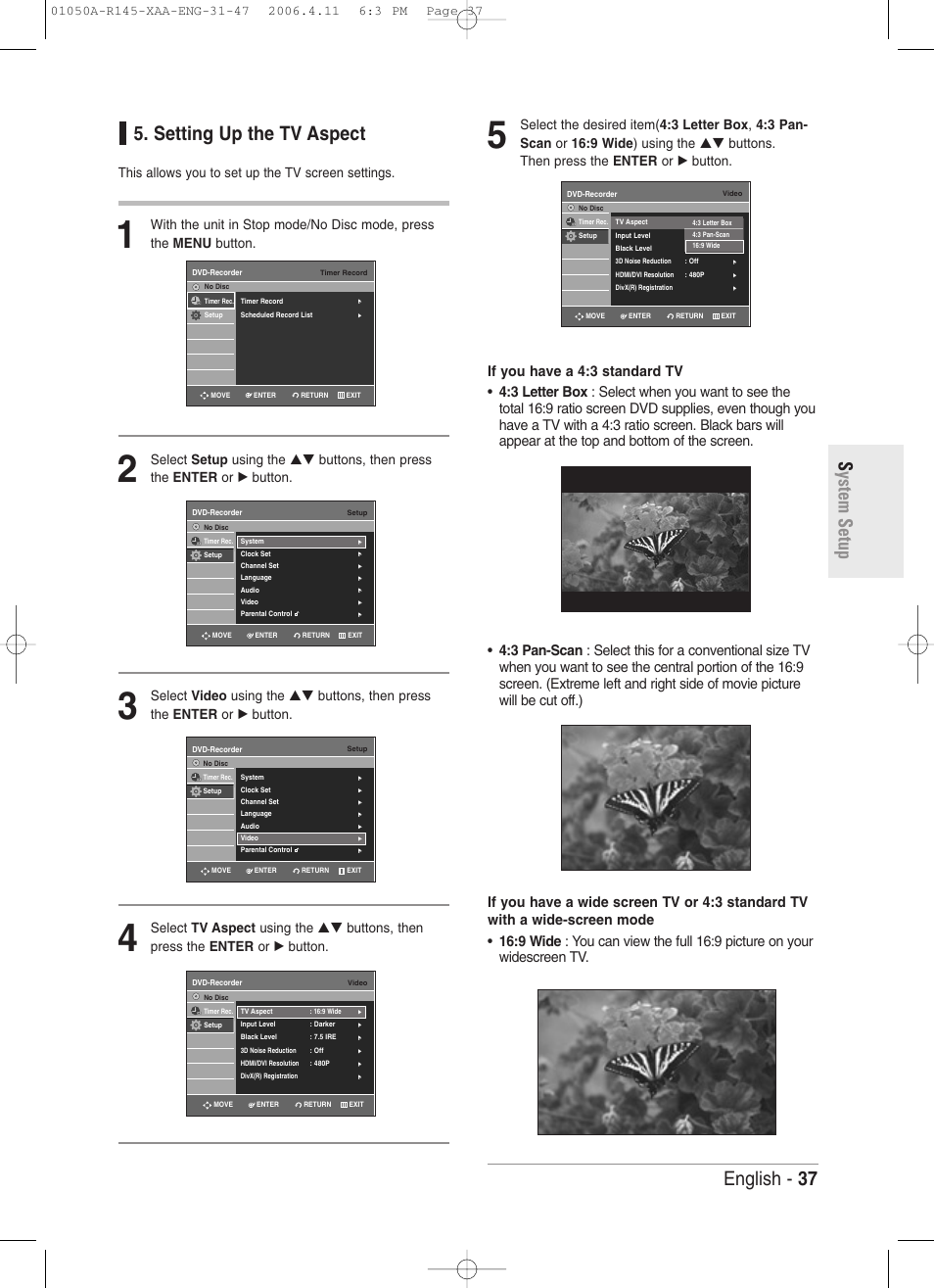 Setting up the tv aspect, This allows you to set up the tv screen settings | Samsung DVD-R145 User Manual | Page 37 / 111