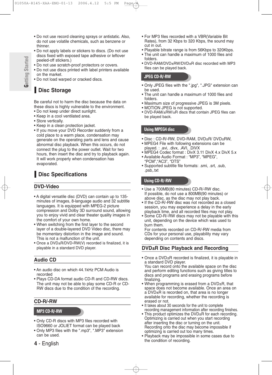 Disc storage, Disc specifications, Getting started 4 - english | Samsung DVD-R145 User Manual | Page 4 / 111