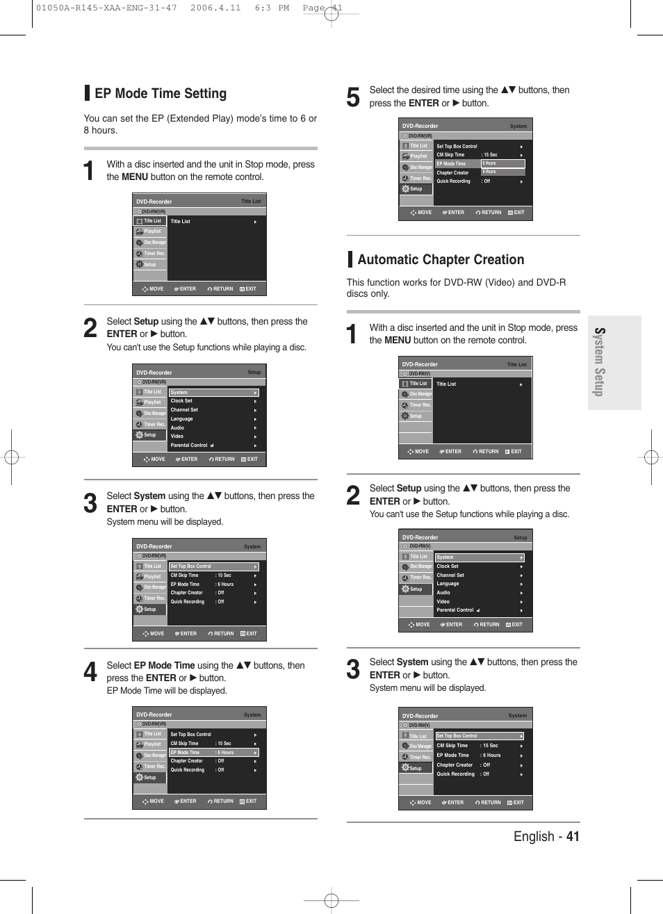 Ep mode time setting, Automatic chapter creation, English - 41 s ystem setup | System menu will be displayed, Ep mode time will be displayed | Samsung DVD-R145 User Manual | Page 41 / 111