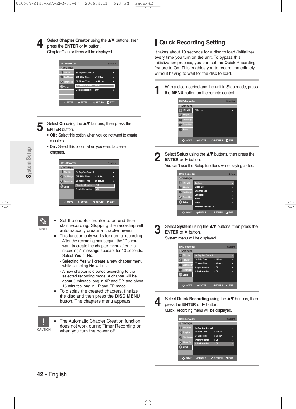 Quick recording setting, 42 - english s ystem setup, This function only works for normal recording | Chapter creator items will be displayed, System menu will be displayed, Quick recording menu will be displayed | Samsung DVD-R145 User Manual | Page 42 / 111