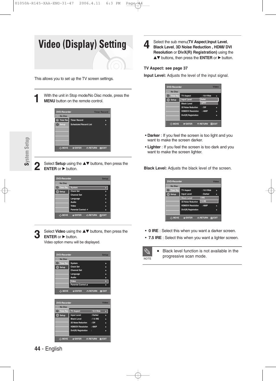 Video (display) setting, 44 - english s ystem setup, This allows you to set up the tv screen settings | Video option menu will be displayed | Samsung DVD-R145 User Manual | Page 44 / 111