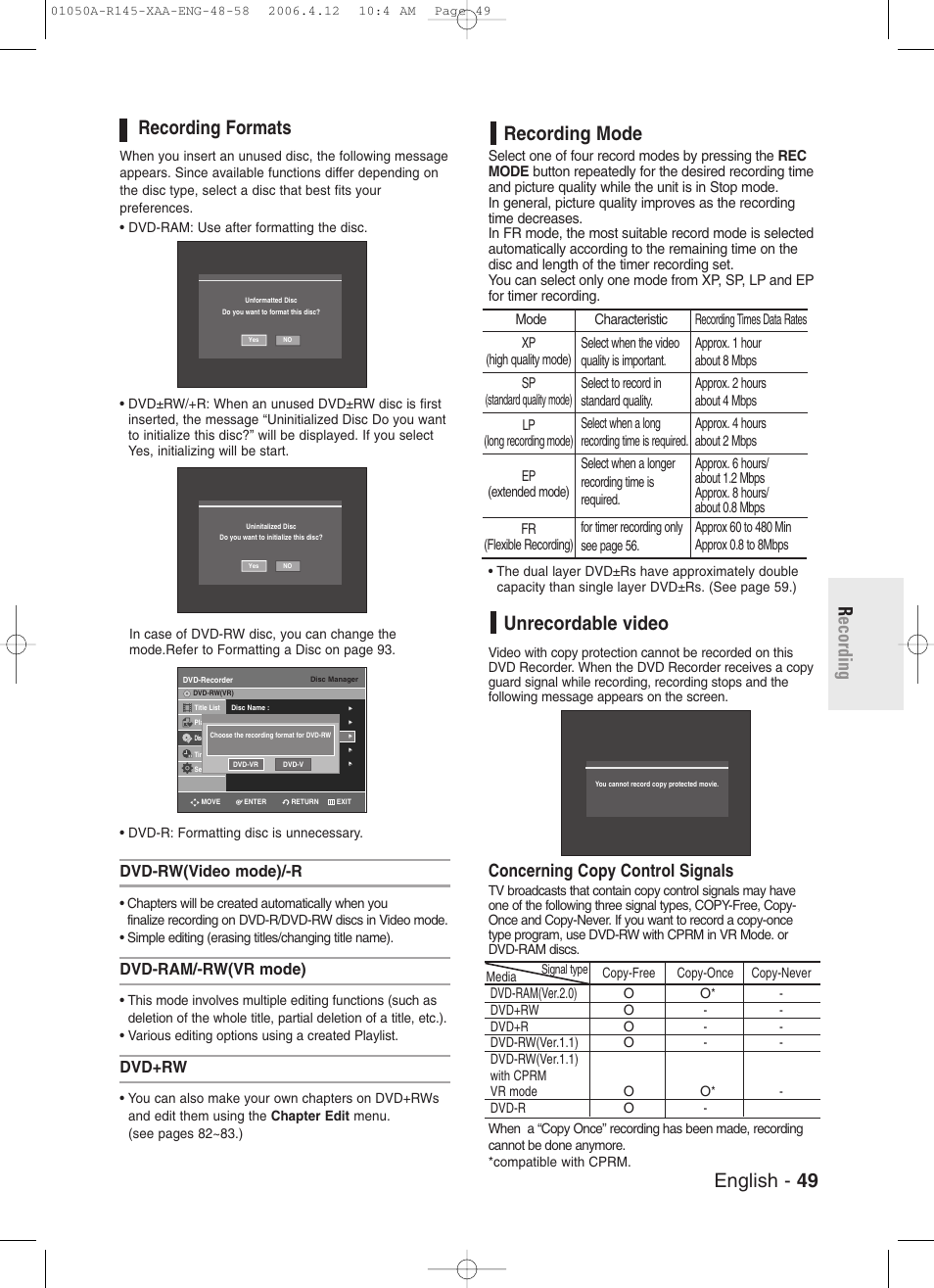 Recording formats, Recording mode, Unrecordable video | English - 49 r ecording recording mode, Concerning copy control signals, Dvd-rw(video mode)/-r, Dvd-ram/-rw(vr mode), Dvd+rw | Samsung DVD-R145 User Manual | Page 49 / 111