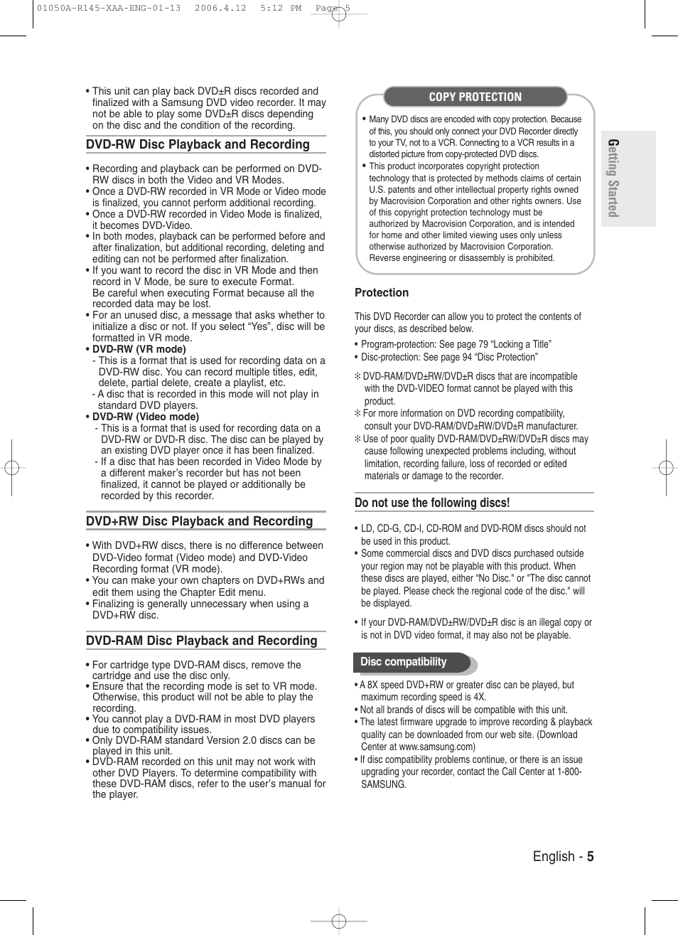 Getting started english - 5 | Samsung DVD-R145 User Manual | Page 5 / 111