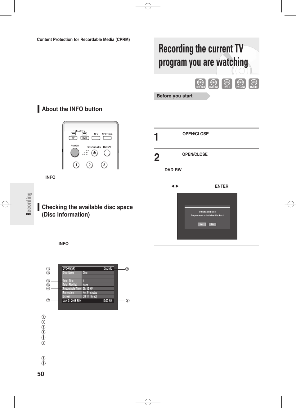 About the info button, Recording the current tv program you are watching, 50 - english r ecording | Samsung DVD-R145 User Manual | Page 50 / 111