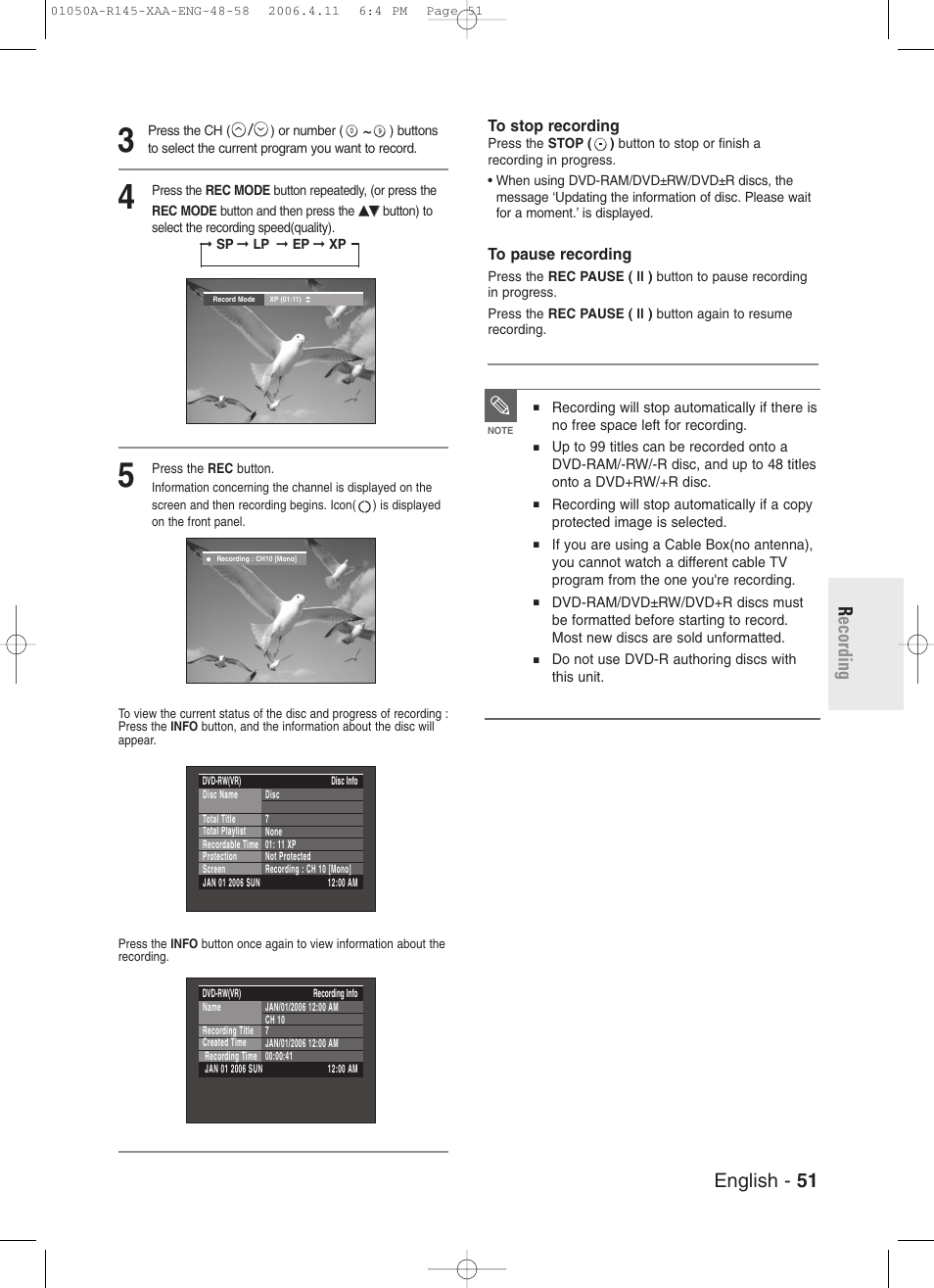 English - 51 r ecording | Samsung DVD-R145 User Manual | Page 51 / 111