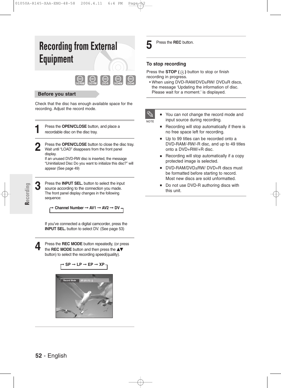 Recording from external equipment, 52 - english r ecording | Samsung DVD-R145 User Manual | Page 52 / 111