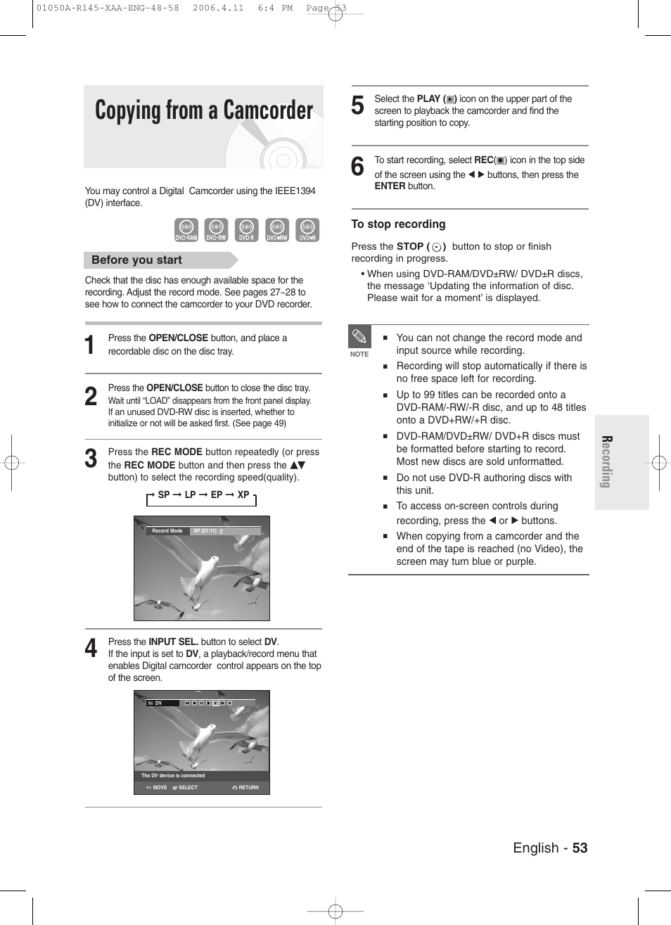 Copying from a camcorder, English - 53 r ecording | Samsung DVD-R145 User Manual | Page 53 / 111