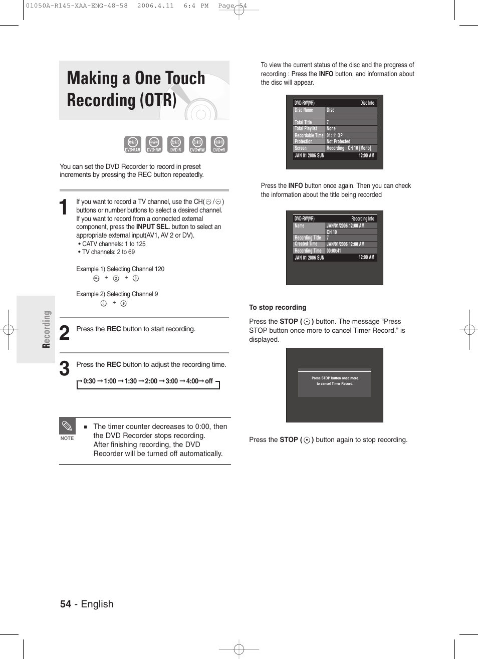 Making a one touch recording(otr), Making a one touch recording (otr), 54 - english r ecording | Samsung DVD-R145 User Manual | Page 54 / 111