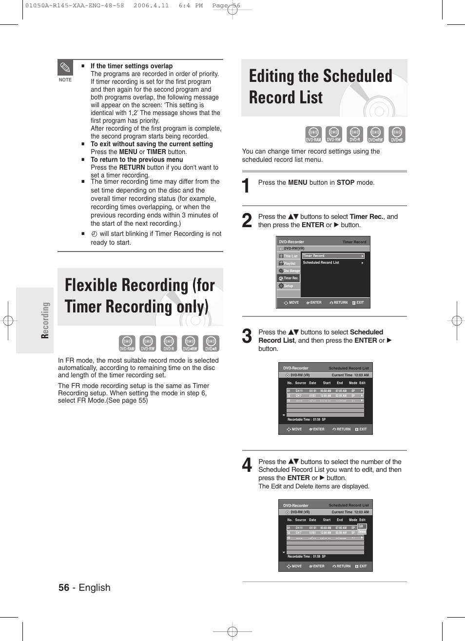 Flexible recording (for timer recording onlyzz0, Editing the scheduled record list, Flexible recording (for timer recording only) | 56 - english r ecording, Press the menu button in stop mode | Samsung DVD-R145 User Manual | Page 56 / 111