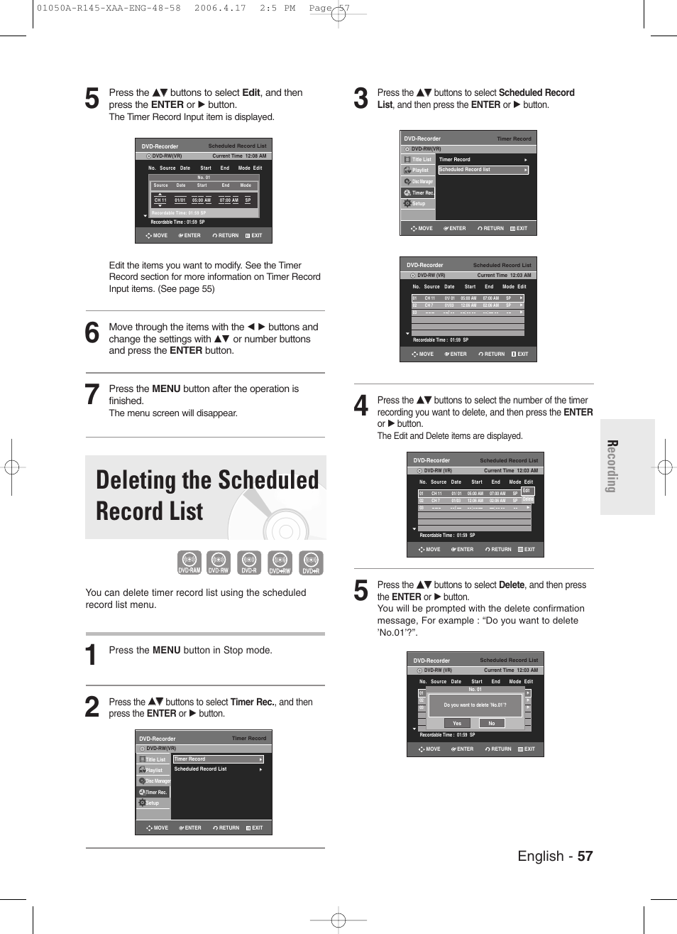 Deleting the scheduled record list, English - 57 r ecording, Press the menu button in stop mode | The edit and delete items are displayed, The menu screen will disappear | Samsung DVD-R145 User Manual | Page 57 / 111