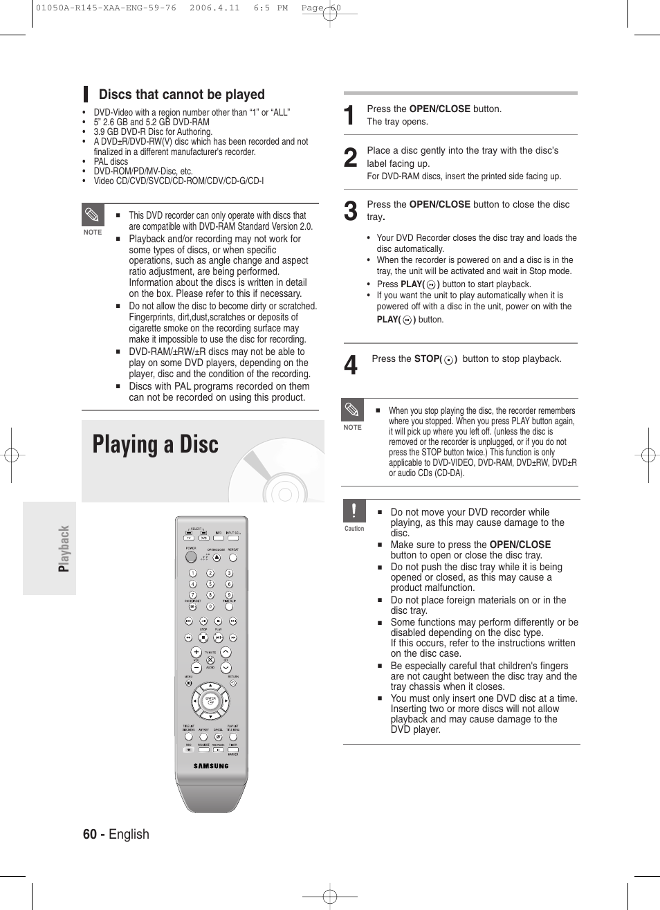 Discs that cannot be played, Playing a disc, 60 - english p layback | Samsung DVD-R145 User Manual | Page 60 / 111