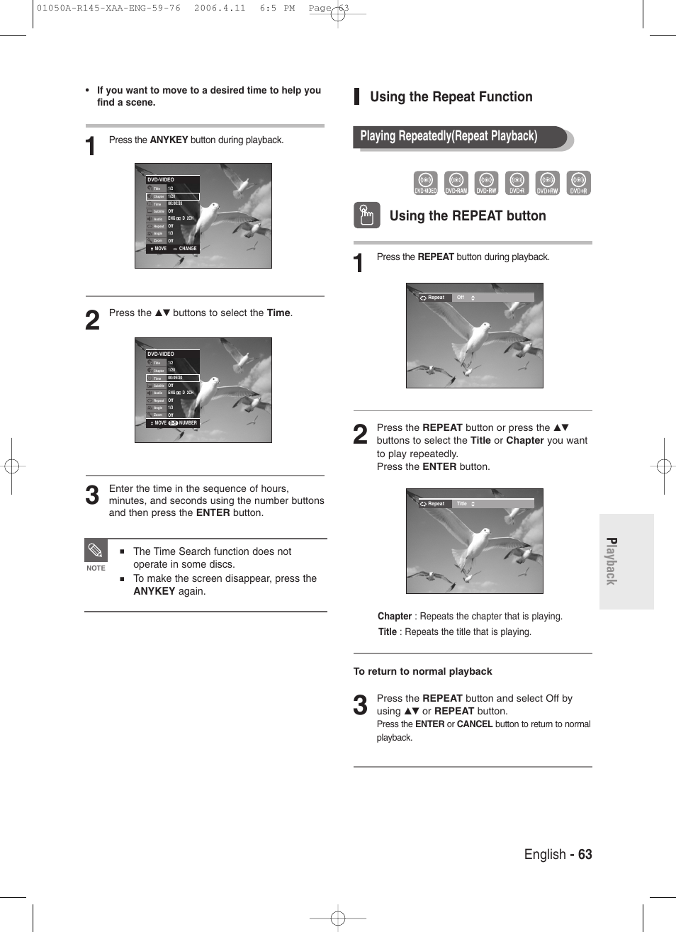 Using the repeat function, English - 63 p layback, Using the repeat function using the repeat button | Playing repeatedly(repeat playback) | Samsung DVD-R145 User Manual | Page 63 / 111