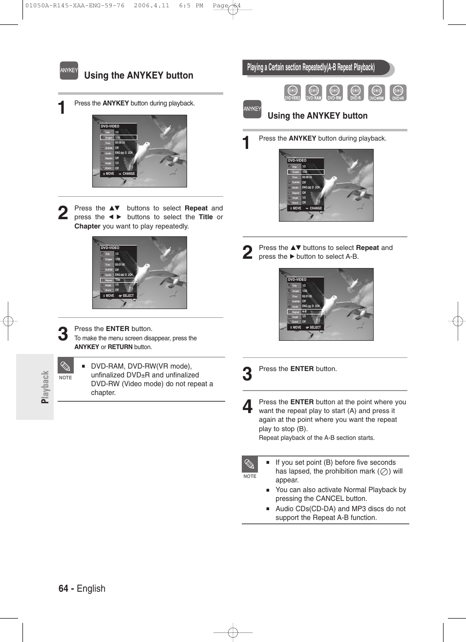 64 - english p layback, Using the anykey button, Dvd-ram, dvd-rw(vr mode), unfinalized dvd | Press the anykey button during playback, Press the, Buttons to select repeat and press the, Button to select a-b, Press the enter button | Samsung DVD-R145 User Manual | Page 64 / 111