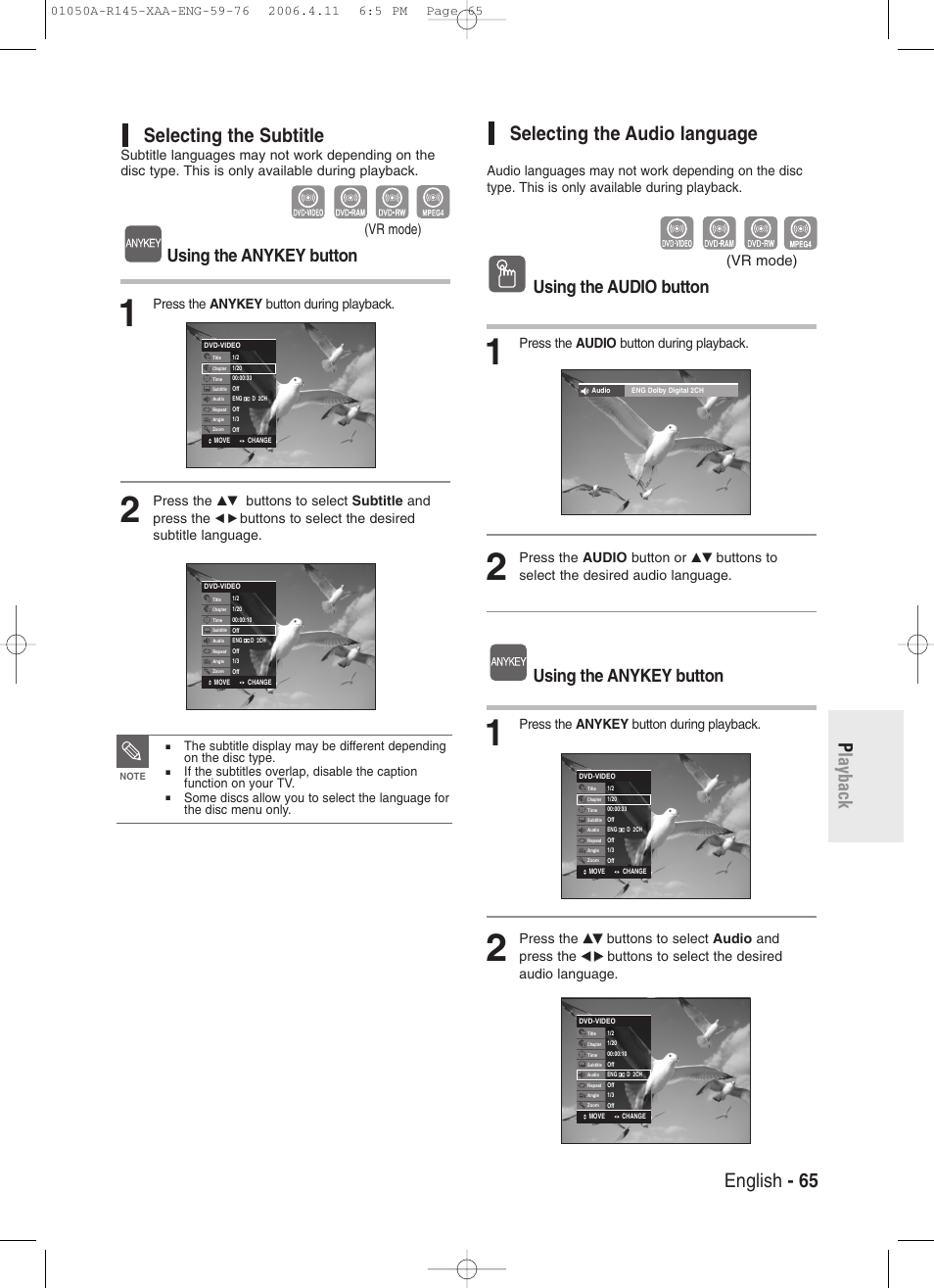 Selecting the subtitle, Selecting the audio language, English - 65 p layback selecting the subtitle | Using the anykey button, Using the audio button, Vr mode), Press the anykey button during playback, Press the, Buttons to select subtitle and press the, Buttons to select the desired subtitle language | Samsung DVD-R145 User Manual | Page 65 / 111