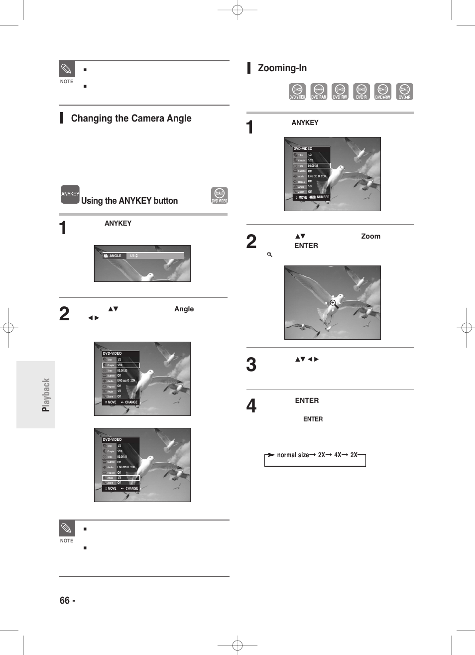 Changing the camera angle, Zooming-in, 66 - english p layback zooming-in | Using the anykey button | Samsung DVD-R145 User Manual | Page 66 / 111