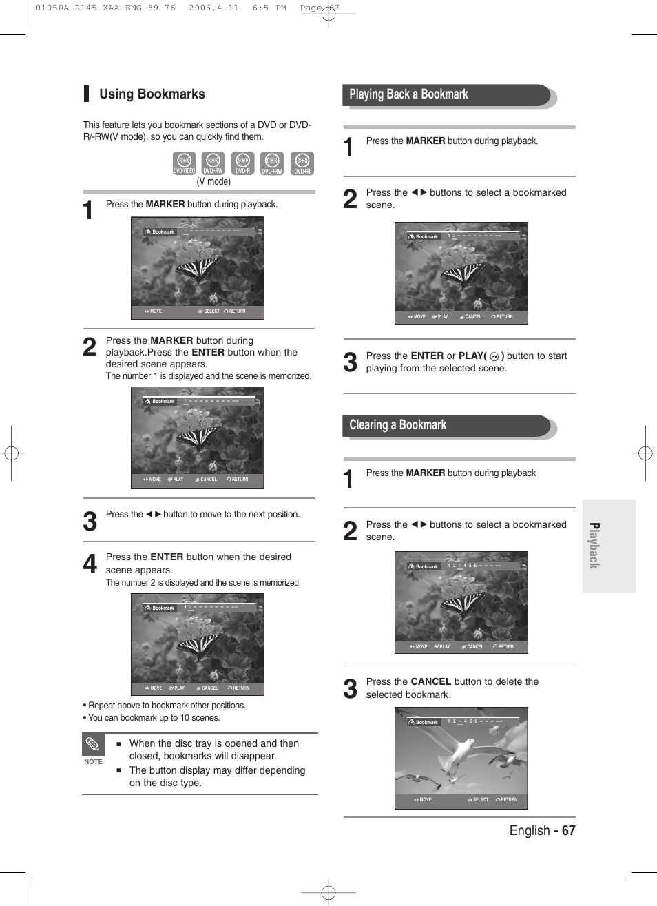 Using bookmarks, English - 67 p layback using bookmarks, Selecting the audio language | Playing back a bookmark clearing a bookmark | Samsung DVD-R145 User Manual | Page 67 / 111