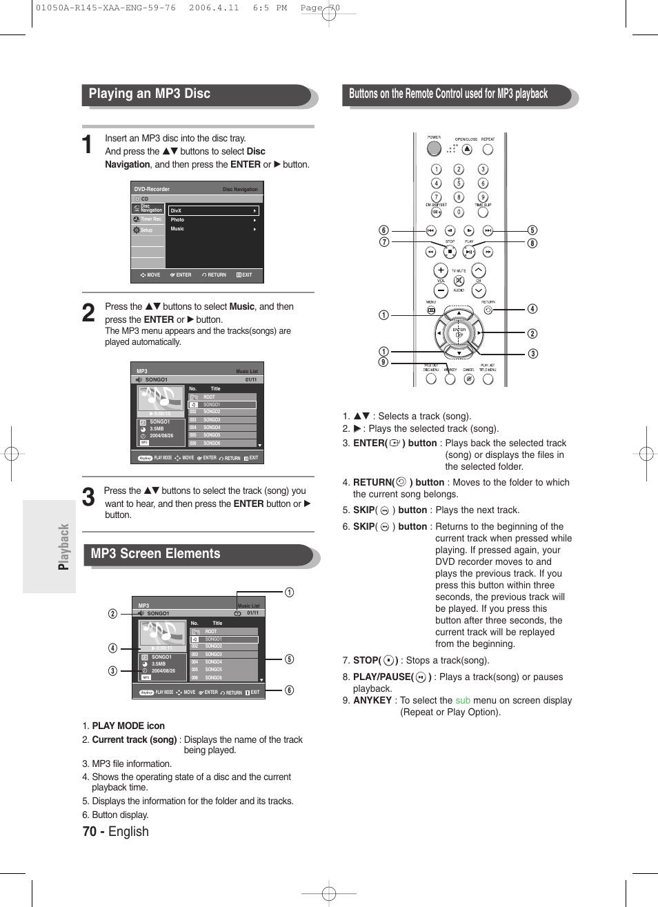 70 - english p layback, Playing an mp3 disc mp3 screen elements | Samsung DVD-R145 User Manual | Page 70 / 111