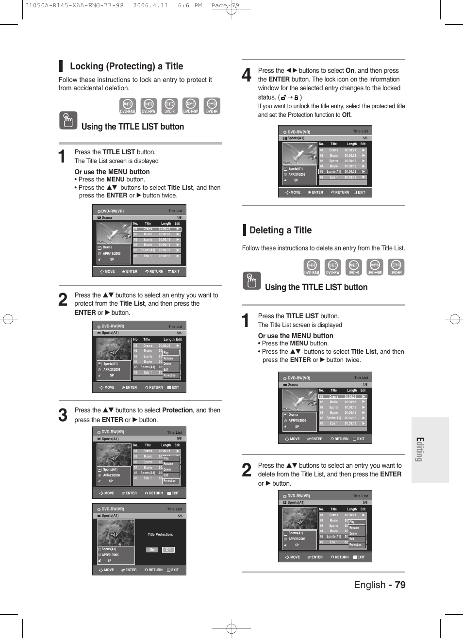 English - 79 e diting locking (protecting) a title, Deleting a title, Using the title list button | The menu button, Press the title list button, Or use, The title list screen is displayed | Samsung DVD-R145 User Manual | Page 79 / 111