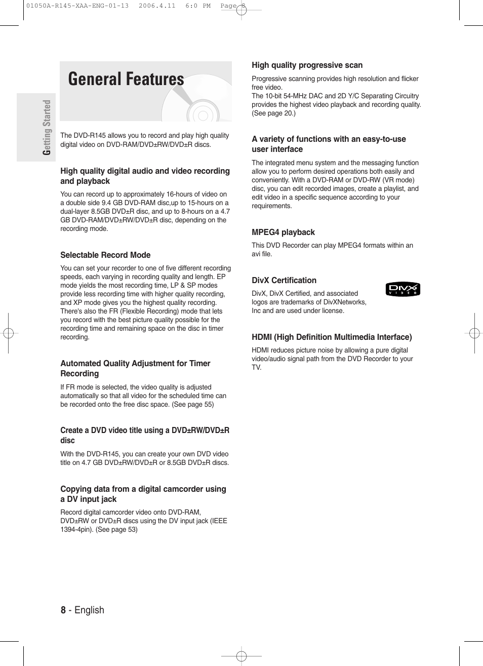 General features, Getting started 8 - english | Samsung DVD-R145 User Manual | Page 8 / 111