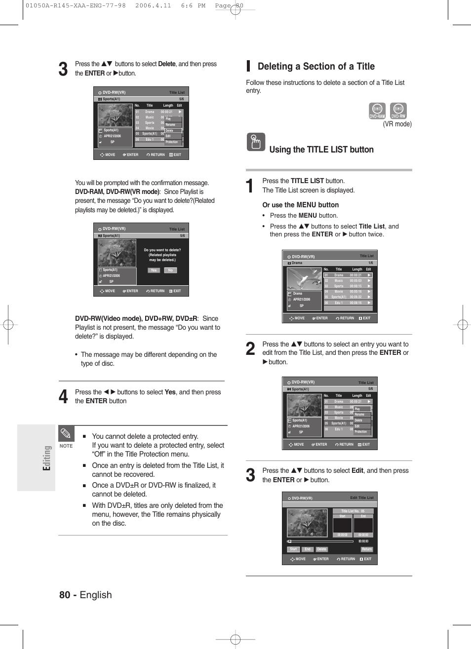 Deleting a section of a title, 80 - english e diting, Using the title list button | The menu button, Vr mode) | Samsung DVD-R145 User Manual | Page 80 / 111