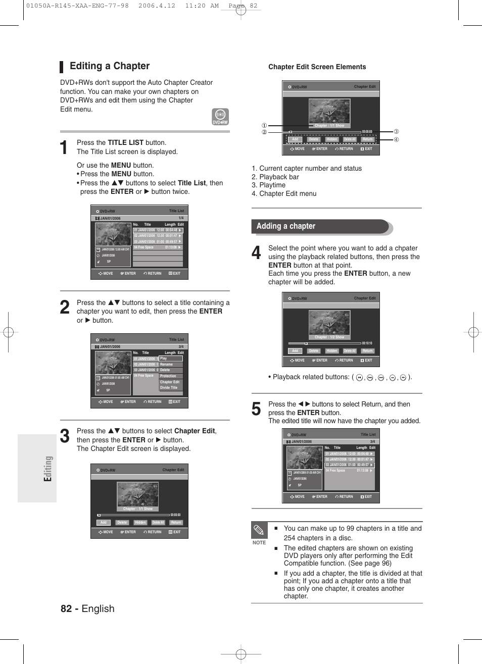 Editing a chapter, 82 - english e diting editing a chapter, Adding a chapter | Samsung DVD-R145 User Manual | Page 82 / 111