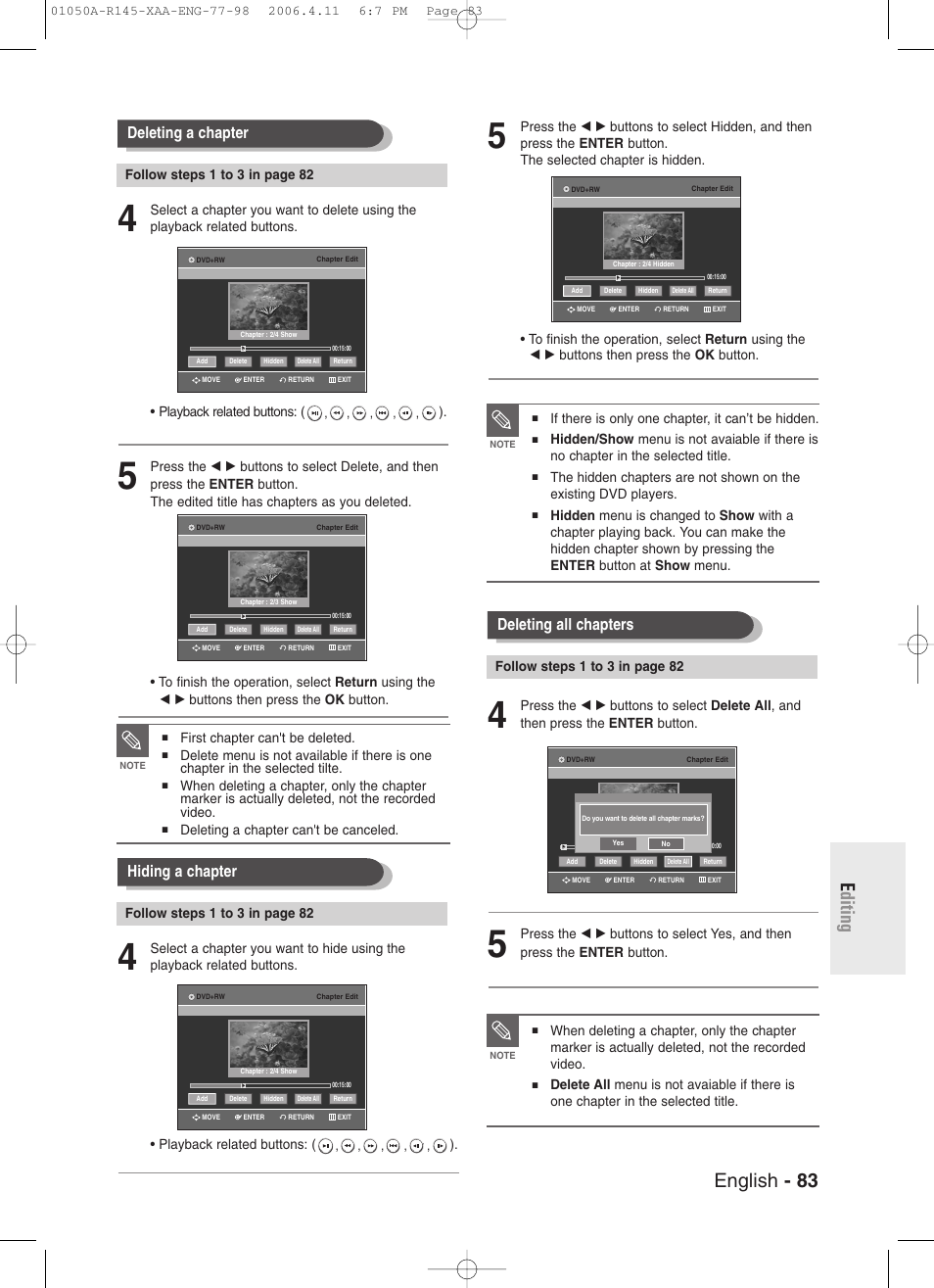 English - 83 e diting, Deleting all chapters, Deleting a chapter | Hiding a chapter | Samsung DVD-R145 User Manual | Page 83 / 111