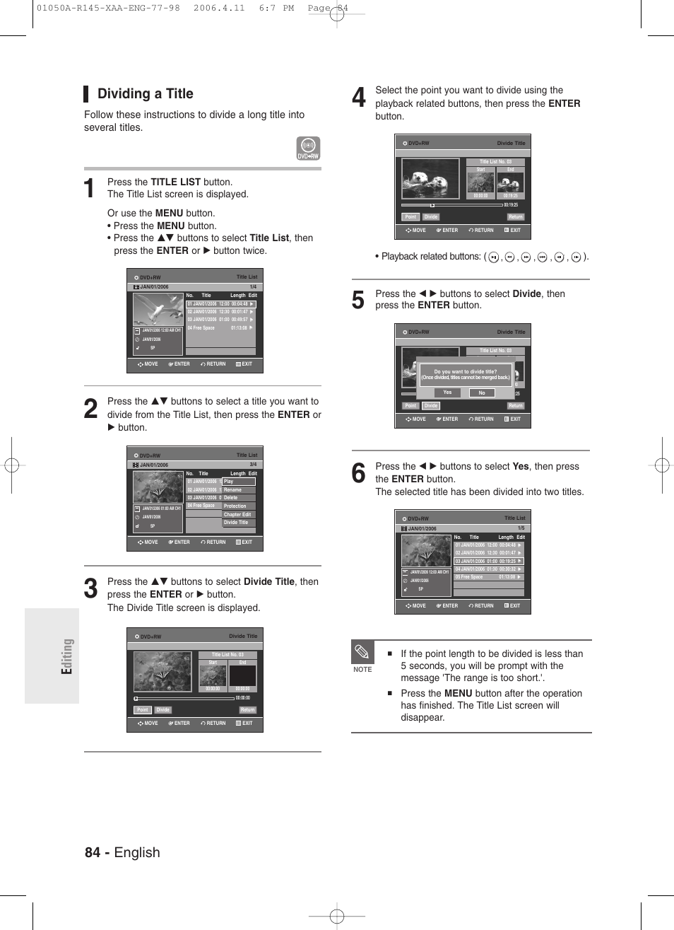 Dividing a title, 84 - english e diting | Samsung DVD-R145 User Manual | Page 84 / 111