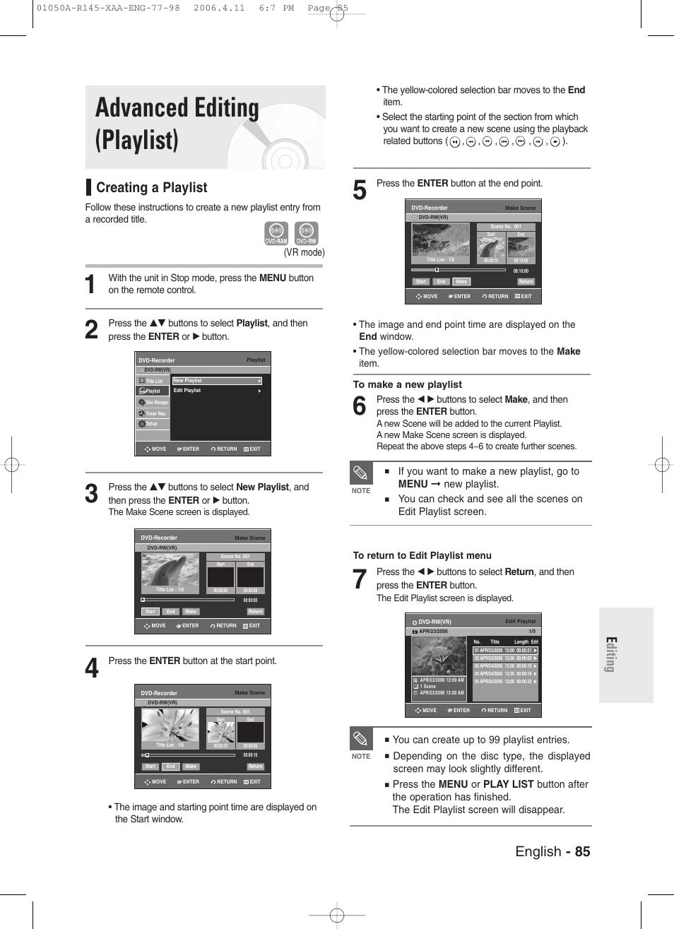 Advanced editing (playlist), Creating a playlist, English - 85 e diting | You can create up to 99 playlist entries, Vr mode) | Samsung DVD-R145 User Manual | Page 85 / 111