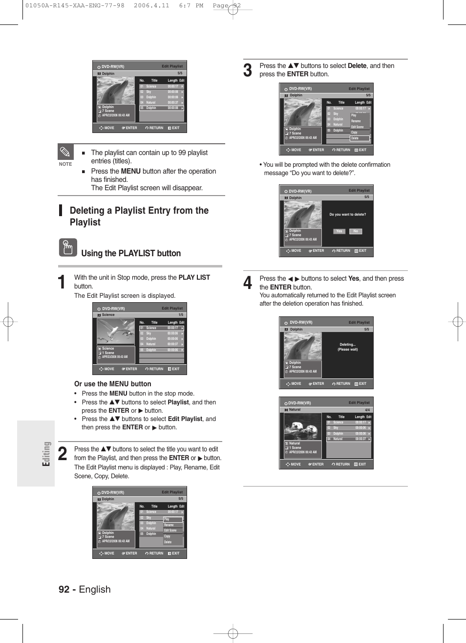 Deleting a playlist entry from the playlist, 92 - english e diting, Using the playlist button | Or use the menu button, The edit playlist screen is displayed | Samsung DVD-R145 User Manual | Page 92 / 111