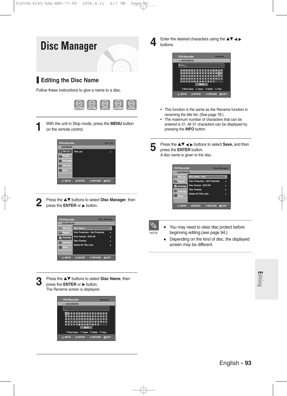 Disc manager, Editing the disc name, English - 93 e diting | Follow these instructions to give a name to a disc | Samsung DVD-R145 User Manual | Page 93 / 111