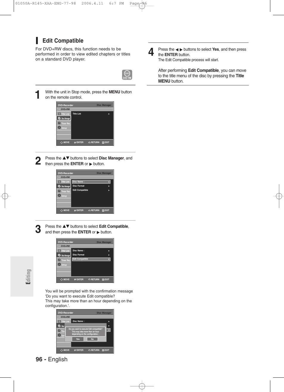 Edit compatible, 96 - english e diting edit compatible, The edit compatible process will start | Samsung DVD-R145 User Manual | Page 96 / 111