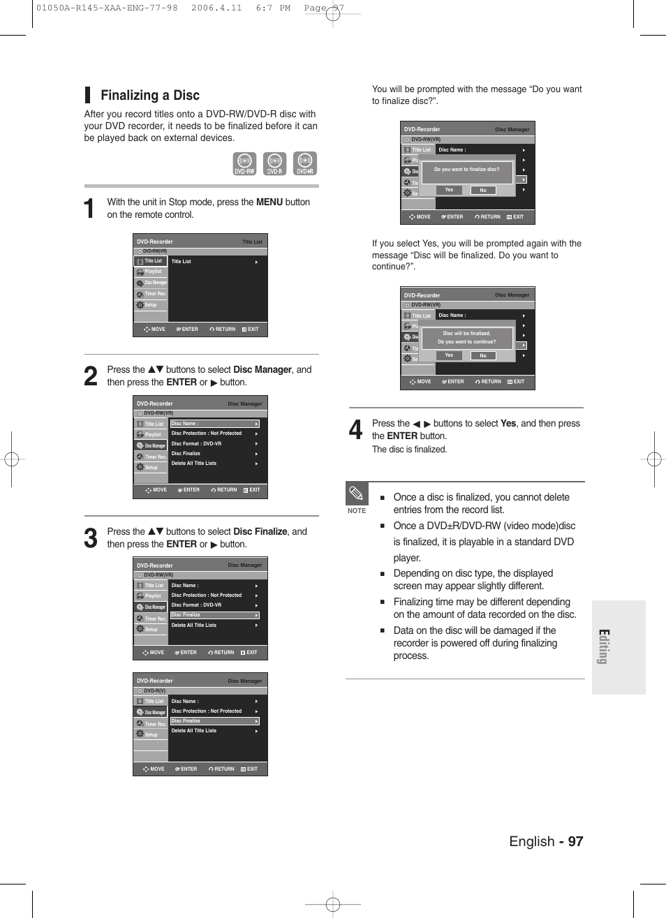 Finalizing a disc, English - 97 e diting finalizing a disc, The disc is finalized | Samsung DVD-R145 User Manual | Page 97 / 111