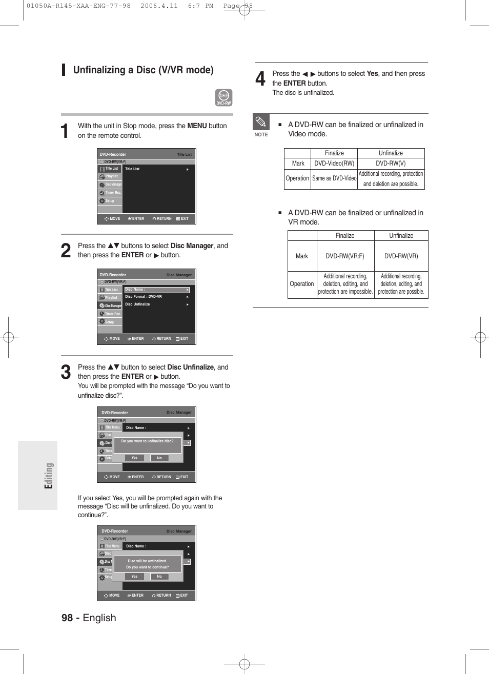 Unfinalizing a disc (v/vr mode) | Samsung DVD-R145 User Manual | Page 98 / 111