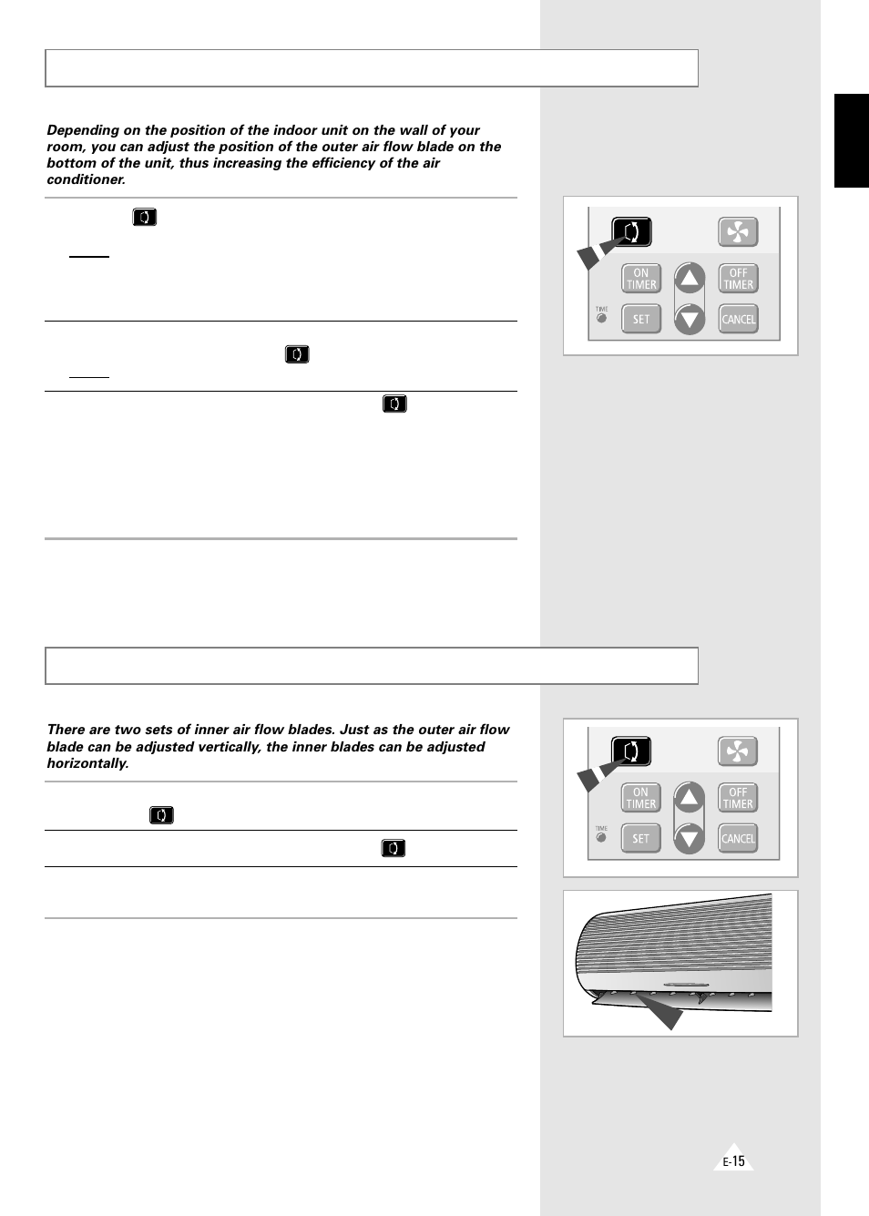 Adjusting the air flow direction vertically, Adjusting the air flow direction horizontally | Samsung AQT18A1(A2)QE/B User Manual | Page 15 / 26