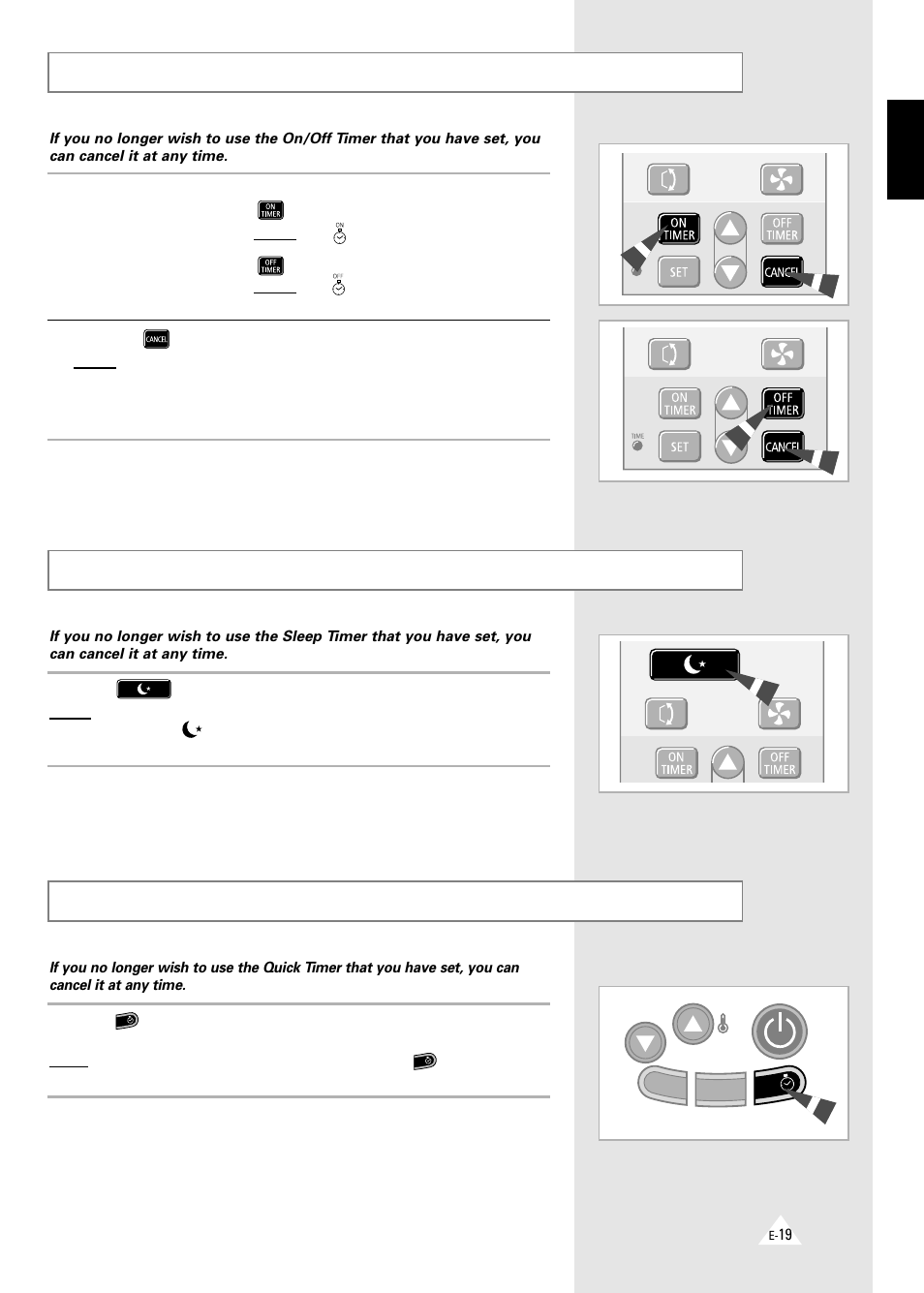 Cancelling the on/off timer, Cancelling the sleep timer, Cancelling the quick timer | Samsung AQT18A1(A2)QE/B User Manual | Page 19 / 26