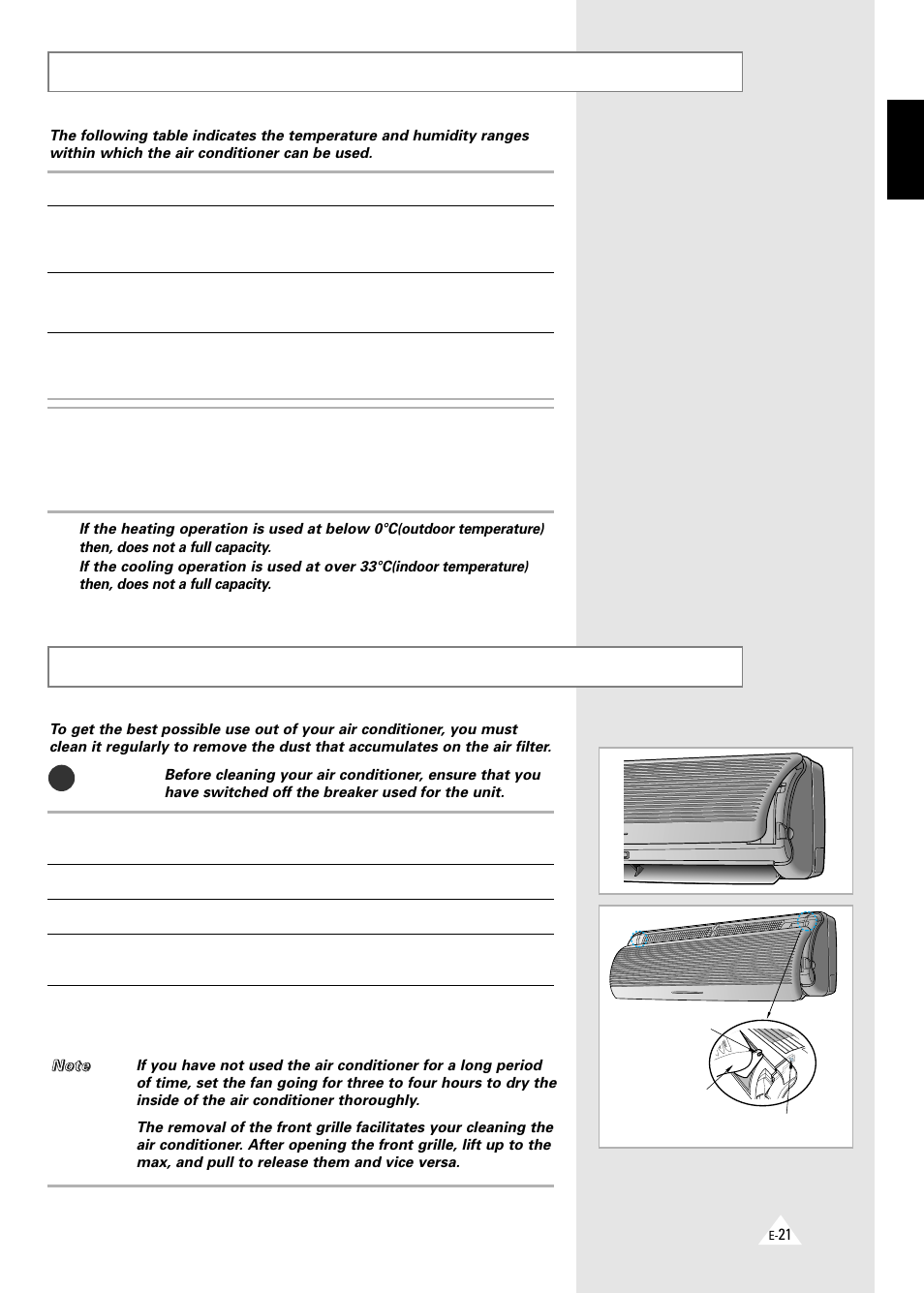 Temperature and humidity ranges, Cleaning your air conditioner | Samsung AQT18A1(A2)QE/B User Manual | Page 21 / 26