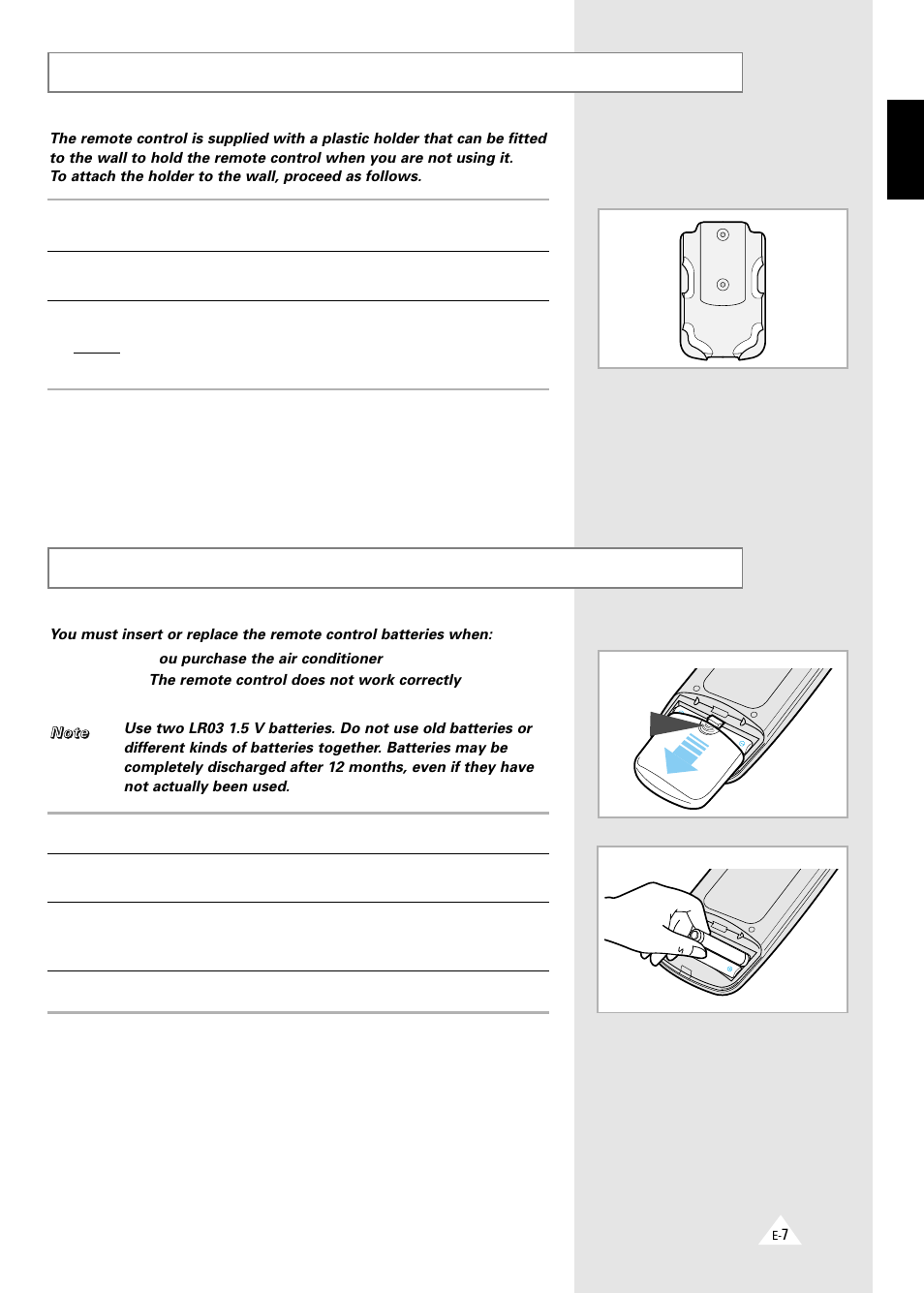 Installing the remote control holder on the wall, Inserting the remote control batteries | Samsung AQT18A1(A2)QE/B User Manual | Page 7 / 26