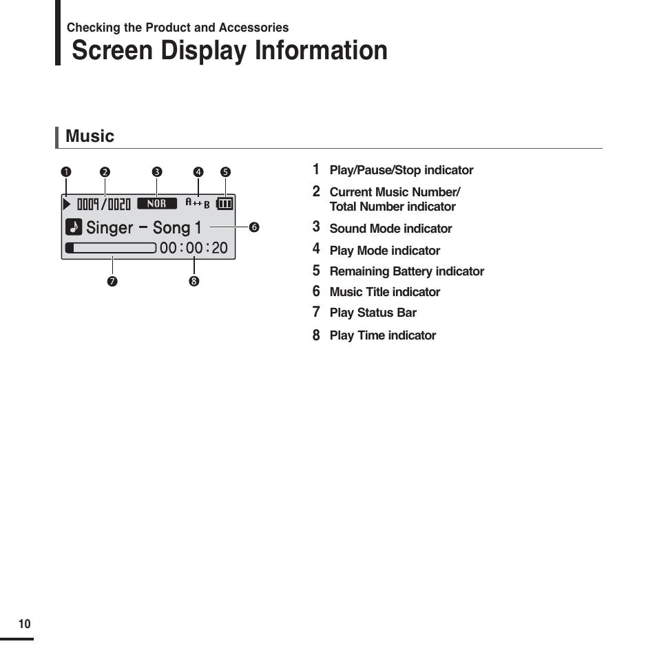 Screen display information, Music | Samsung YP-F2 User Manual | Page 10 / 62