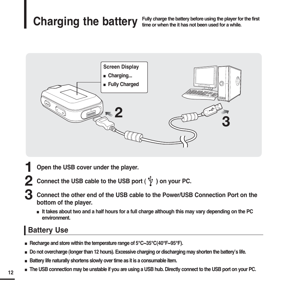 Charging the battery | Samsung YP-F2 User Manual | Page 12 / 62