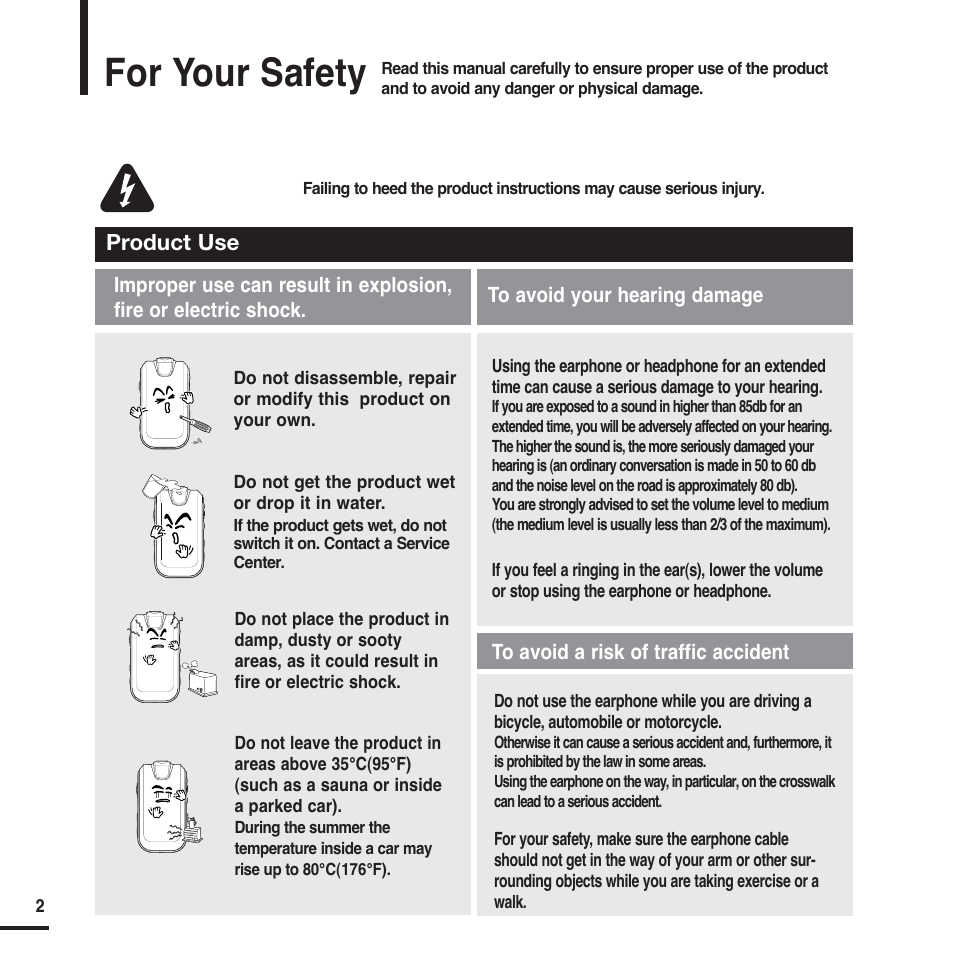 For your safety, Warning | Samsung YP-F2 User Manual | Page 2 / 62