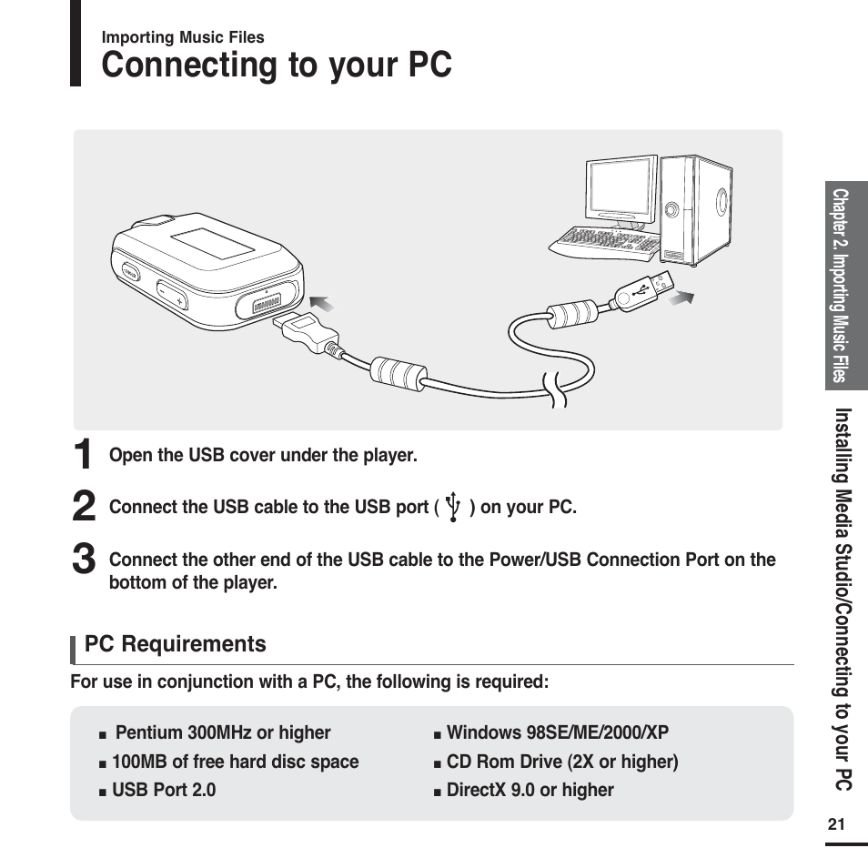 Connecting to your pc | Samsung YP-F2 User Manual | Page 21 / 62