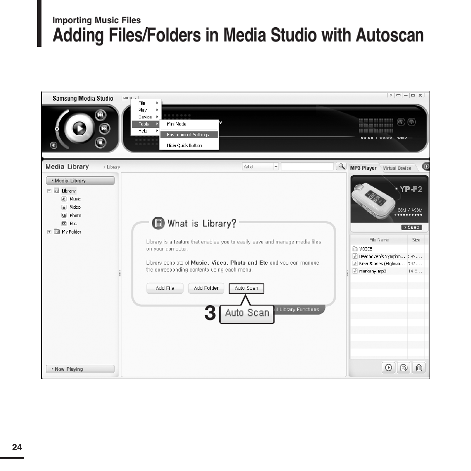Adding files/folders in media studio with autoscan | Samsung YP-F2 User Manual | Page 24 / 62