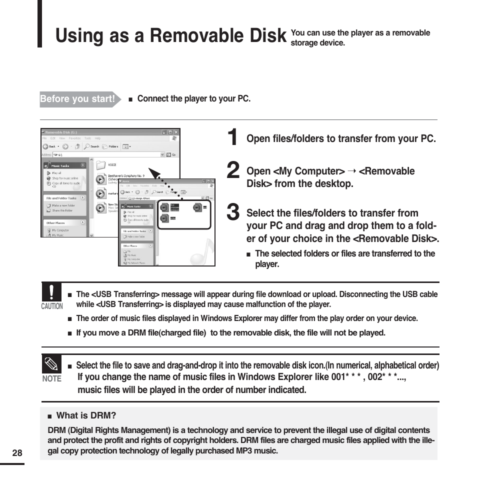 Using as a removable disk | Samsung YP-F2 User Manual | Page 28 / 62