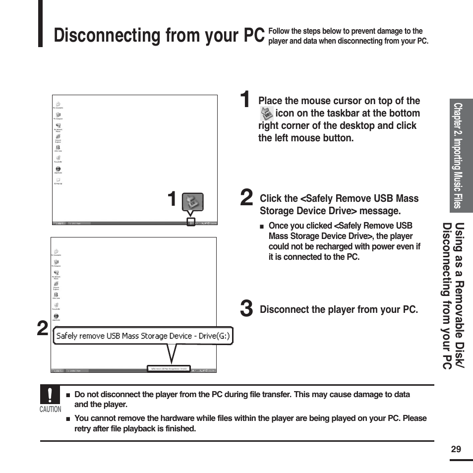 Disconnecting from your pc | Samsung YP-F2 User Manual | Page 29 / 62