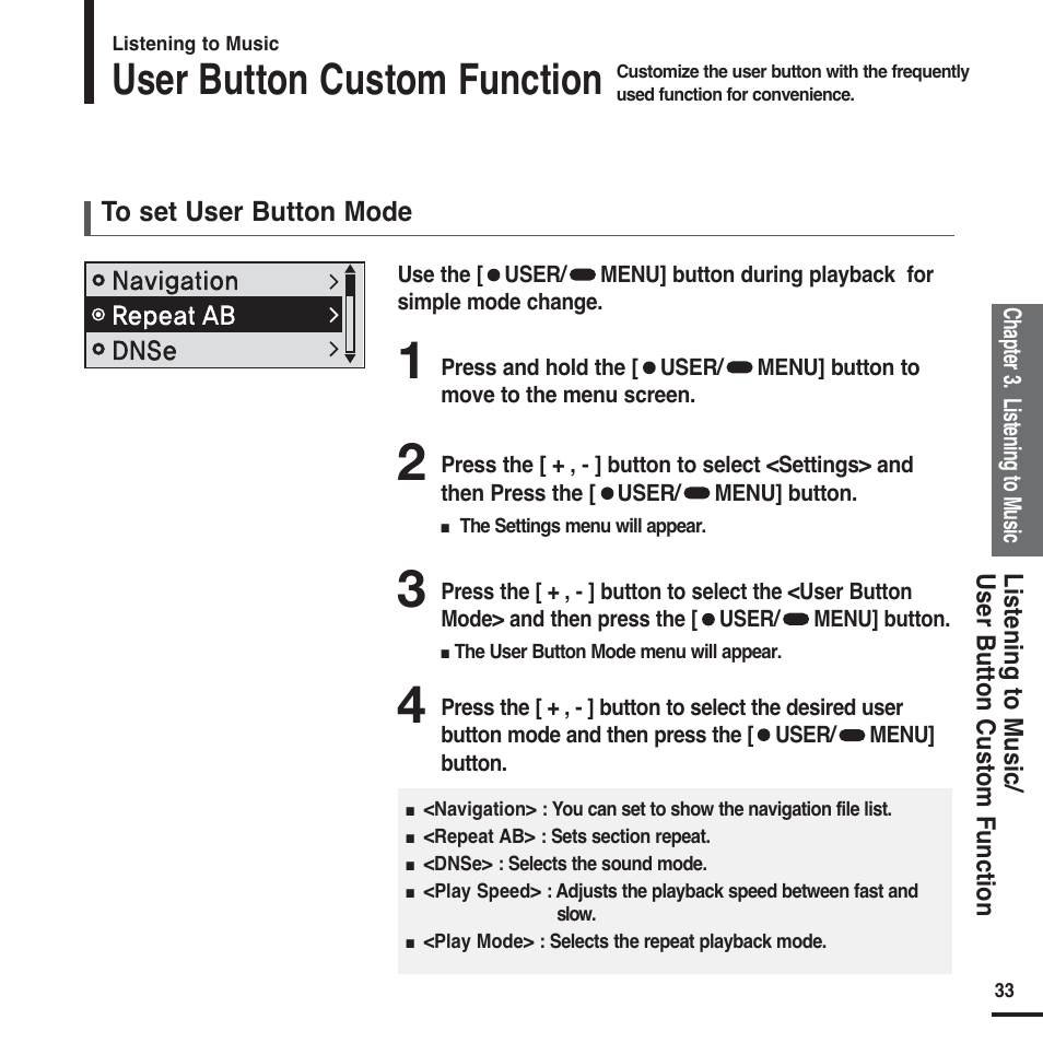 User button custom function | Samsung YP-F2 User Manual | Page 33 / 62