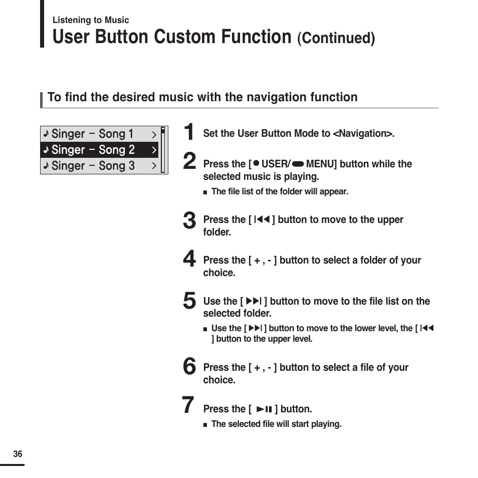 User button custom function | Samsung YP-F2 User Manual | Page 36 / 62