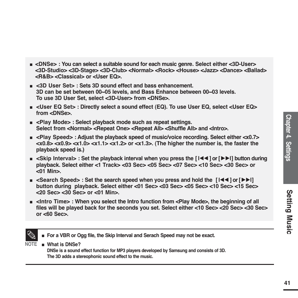 Setting music, Chapter 4. settings | Samsung YP-F2 User Manual | Page 41 / 62